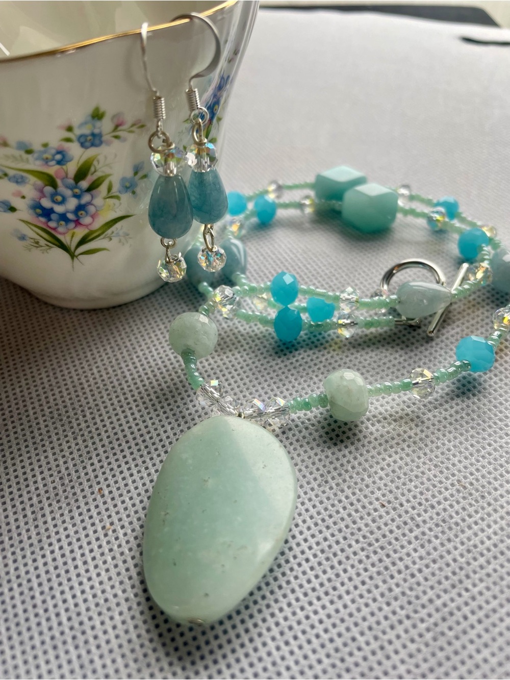 Handmade Mint Green Bead Necklace and Earring Set
